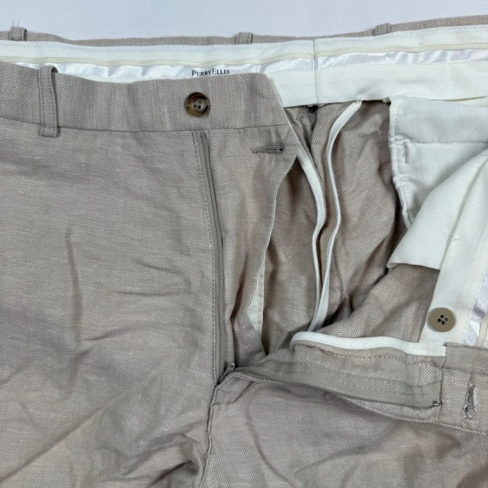 Perry Ellis Mens 36/30 Linen Cotton Herringbone Dress Pants Beige Tan Slacks